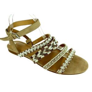 Rebecca Minkoff Leila White Beaded Strappy Sandals Suede Strap Aztec Vibe Sz 11